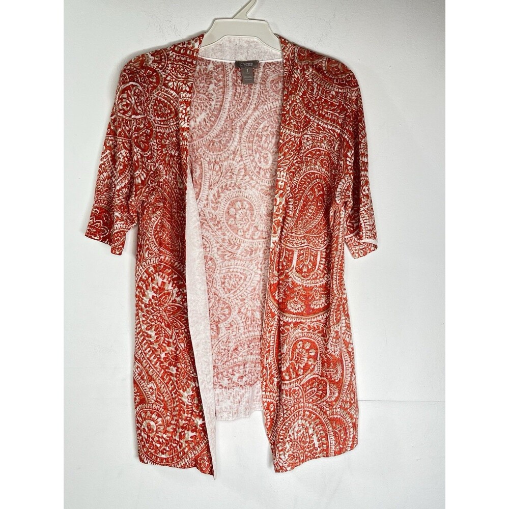 Chicos Knit cardigan Short Sleeve Sweater Jacket Paisley Orange Sz 1 Medium